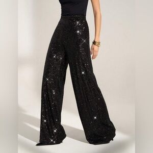 (B4) SHEIN Black Sequin High-Waisted Wide Leg Party Celeb Fashion Pants L 8 10